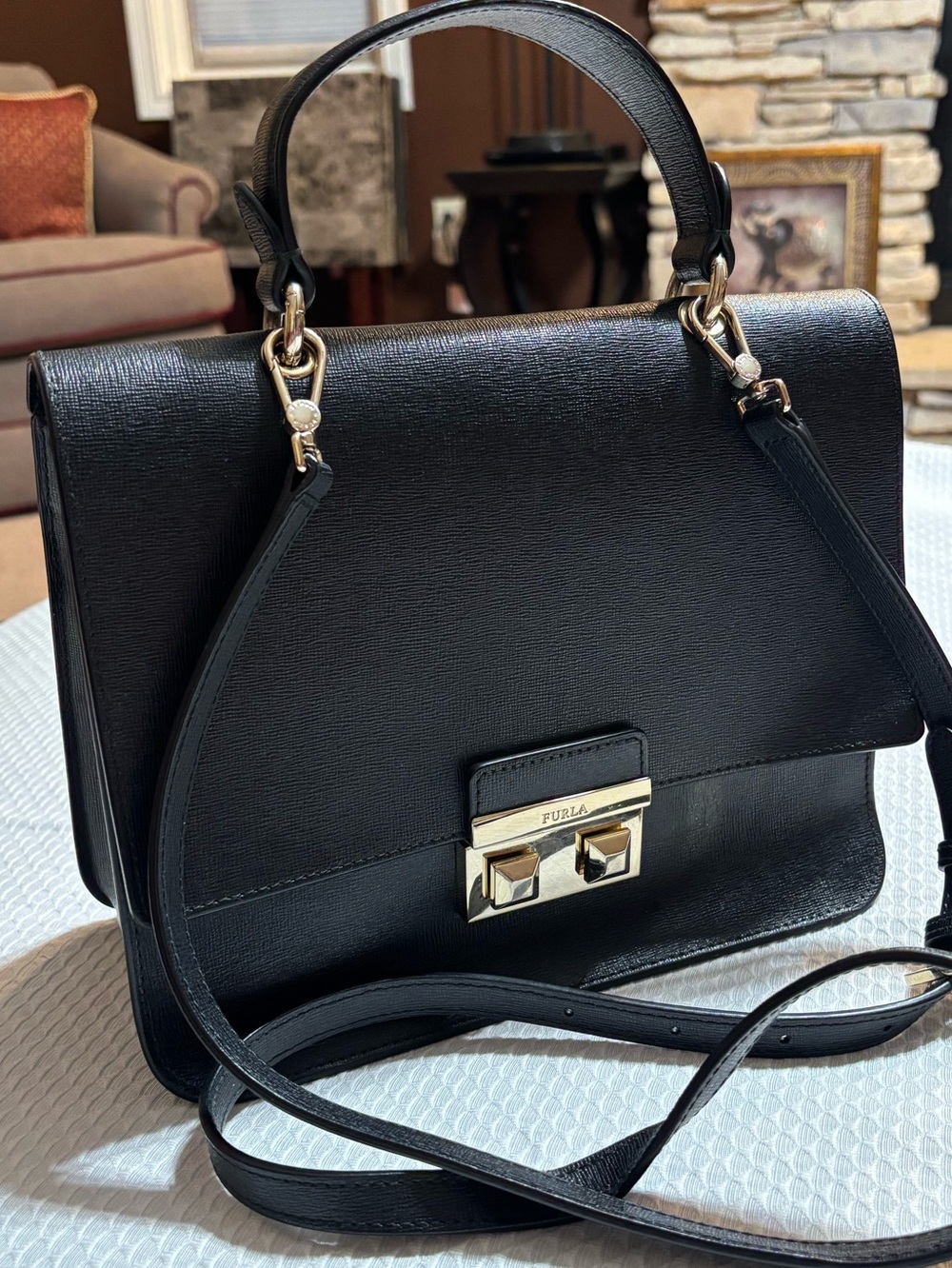 Furla Black Leather Top-Handle Crossbody Bag